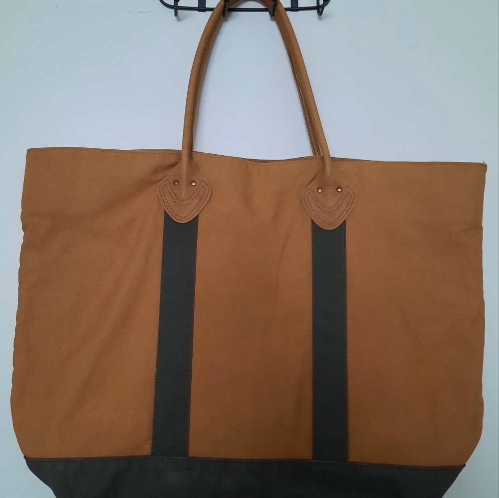 Genuine LL BEAN  Boat & Tote Bag Full Grain Leather Handles vintage Khaki/Green - Picture 2 of 10